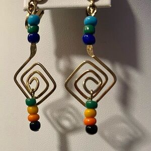 Colorful Beaded Gold tone spiraled coil wire clip-on rainbow Earrings